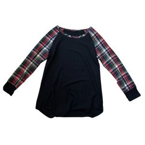Amaryllis Black Long Sleeve Tee with Plaid Sleeves Size S